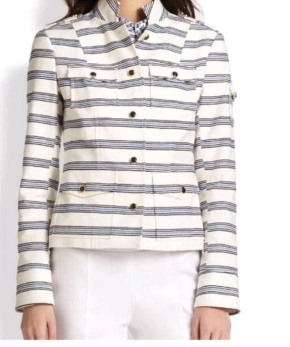 Tory Burch Women's 8 Blue Beige Stripe Blazer Jacket Stretch Excellent